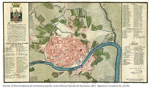 Plano geom&eacute;trico de los alrrededores [sic] de la M. N. M. L. M. H. Ciudad de Sevilla