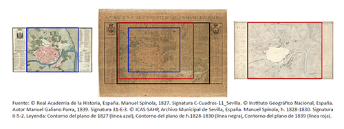 Comparaci&oacute;n dimensional de los planos de 1827, h. 1828-1830 y 1839